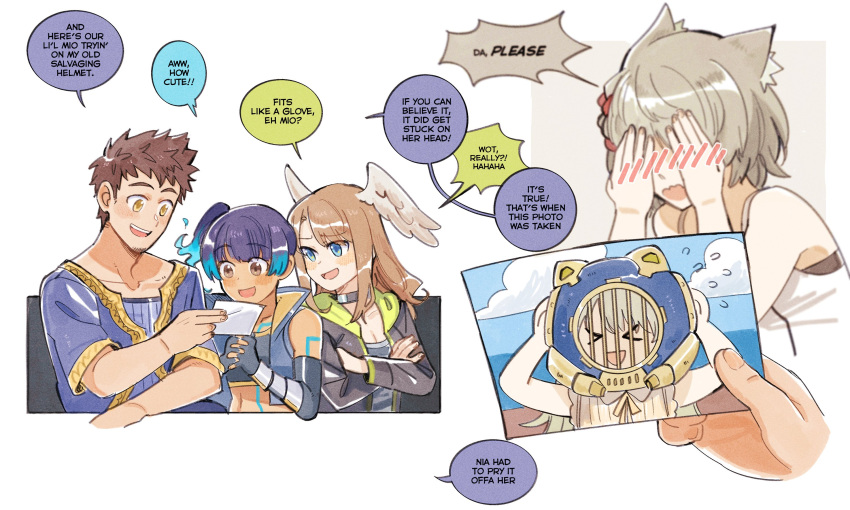 1boy ange_(angeban93) animal_ears bangs beard blue_hair breasts camisole cat_ears chest_jewel eunie_(xenoblade) facial_hair father_and_daughter grey_hair head_wings highres jacket mio_(xenoblade) rex_(xenoblade) sena_(xenoblade) short_hair skirt small_breasts smile tank_top white_camisole white_hair white_jacket white_skirt wings xenoblade_chronicles_(series) xenoblade_chronicles_2 xenoblade_chronicles_3 yellow_eyes