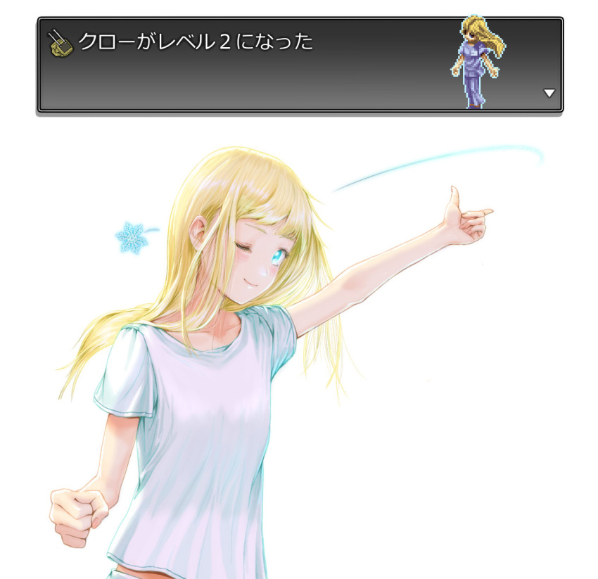 1girl arc_the_lad arc_the_lad_ii blonde_hair blue_eyes breasts cl810 clenched_hand closed_mouth commentary_request long_hair looking_at_viewer meril one_eye_closed simple_background smile solo sprite translation_request white_background