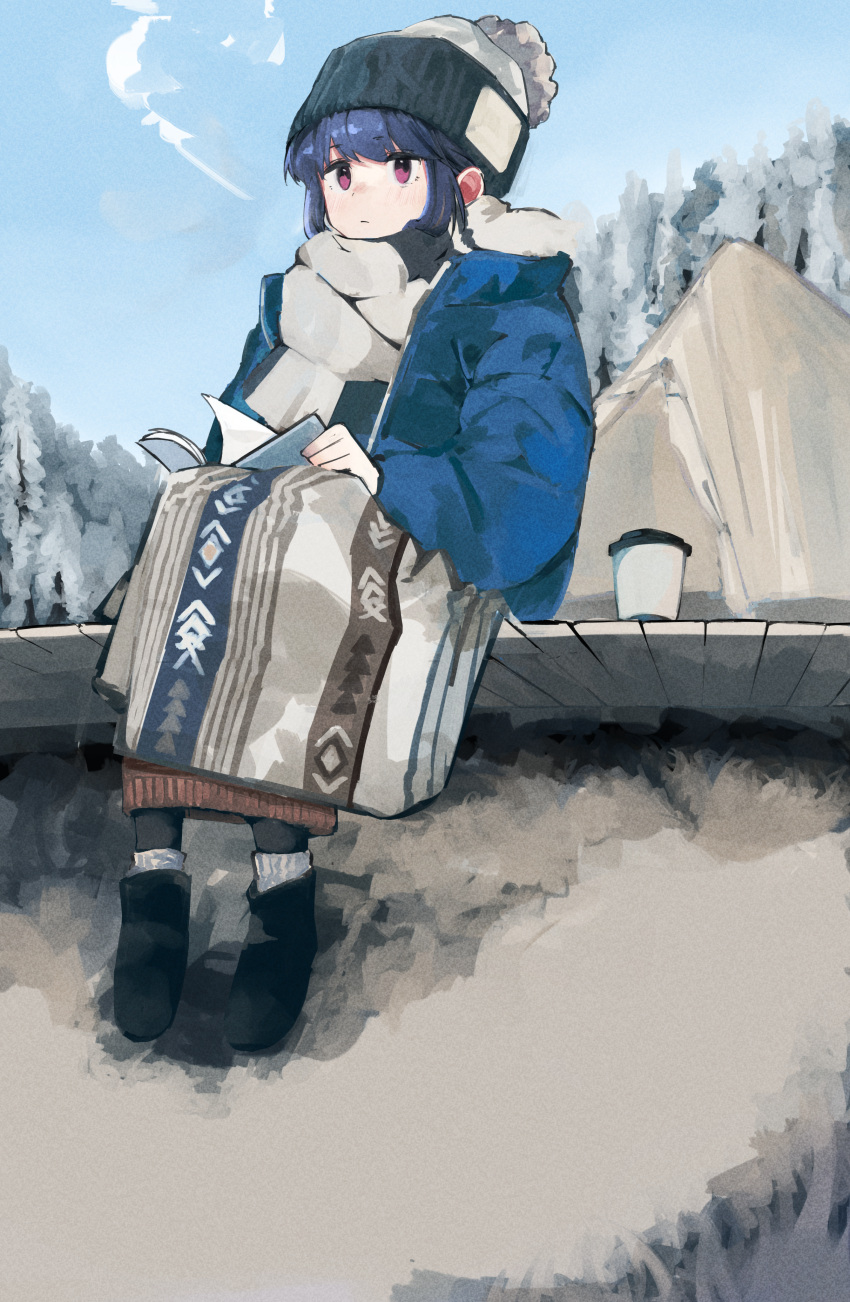 1girl absurdres bangs blanket blue_hair blue_sky book camping closed_mouth commentary_request forest full_body highres leadin_the_sky light_blush long_hair long_sleeves looking_afar mountain nature plaid_blanket reading shima_rin sitting sky socks solo tent violet_eyes woollen_cap yurucamp