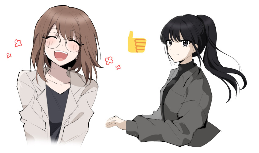 2girls 4000stairs artist_request bangs black-framed_eyewear black_eyes black_hair black_shirt blush brown_hair character_request closed_eyes closed_mouth commentary_request cropped_torso eoduun_badaui_deungbul-i_doeeo glasses grey_jacket highres jacket korean_commentary labcoat long_hair long_sleeves looking_at_viewer medium_hair multiple_girls open_mouth partial_commentary ponytail round_eyewear shirt simple_background smile thumbs_up white_background