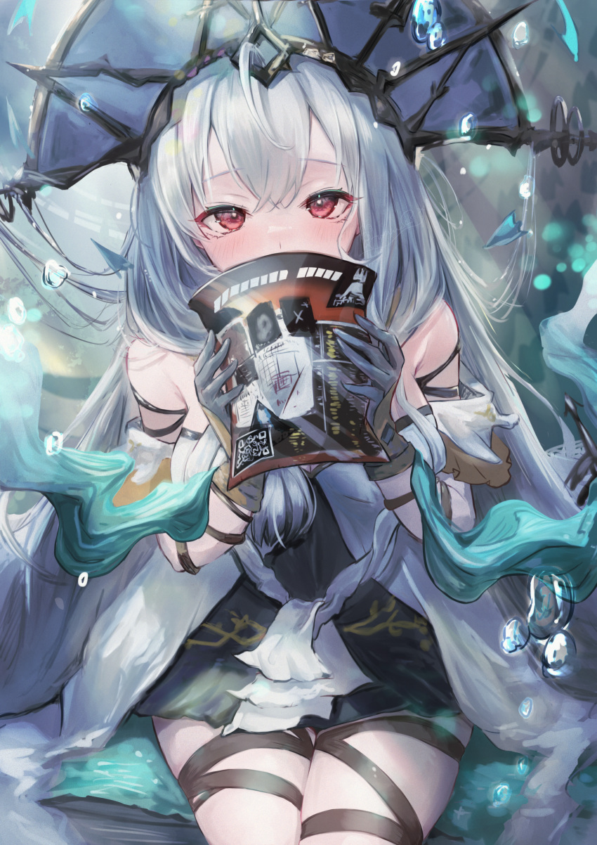 1girl aqua_ribbon arknights black_dress black_ribbon blush bubble commentary covered_mouth covering_mouth cowboy_shot dress gloves grey_gloves grey_hair grey_headwear hair_between_eyes hands_up highres holding leg_ribbon long_hair looking_at_viewer off-shoulder_dress off_shoulder official_alternate_costume phoenix_crown red_eyes ribbon sitting skadi_(arknights) skadi_the_corrupting_heart_(arknights) skadi_the_corrupting_heart_(sublimation)_(arknights) slime_empire solo two-tone_dress very_long_hair white_dress