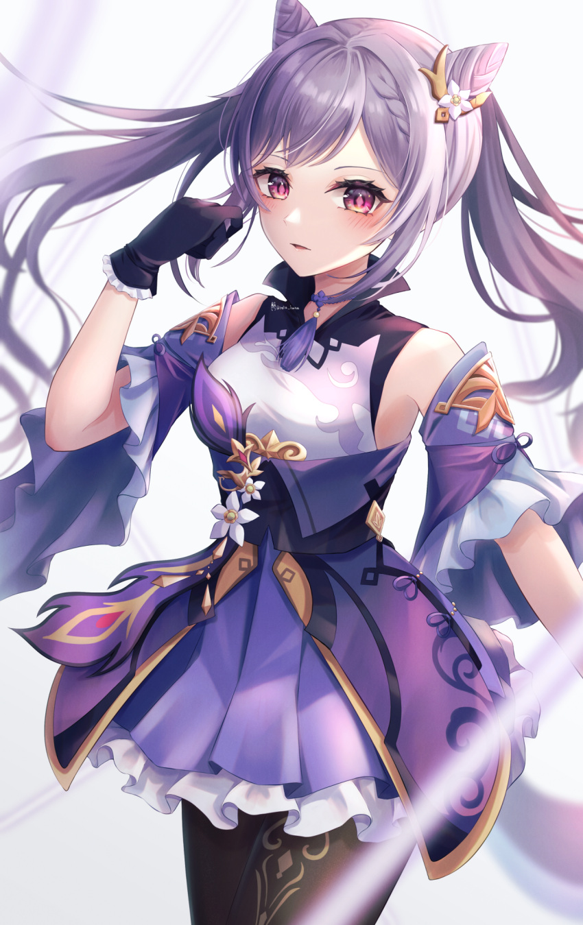 1girl bangs black_gloves blurry braid choker commentary_request cone_hair_bun depth_of_field detached_sleeves double_bun genshin_impact gloves hair_between_eyes hair_bun hair_ornament highres keqing_(genshin_impact) long_hair looking_at_viewer parted_lips purple_hair reia_hana short_sleeves sidelocks simple_background single_braid solo twintails violet_eyes white_background