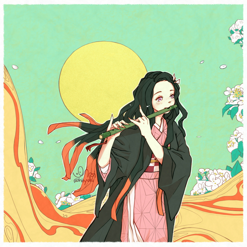 1girl black_hair black_robe fingernails flower flute forehead highres hiiyuki instrument japanese_clothes kamado_nezuko kimetsu_no_yaiba kimono music petals pink_kimono playing_flute playing_instrument robe sharp_fingernails signature solo sun twitter_username violet_eyes