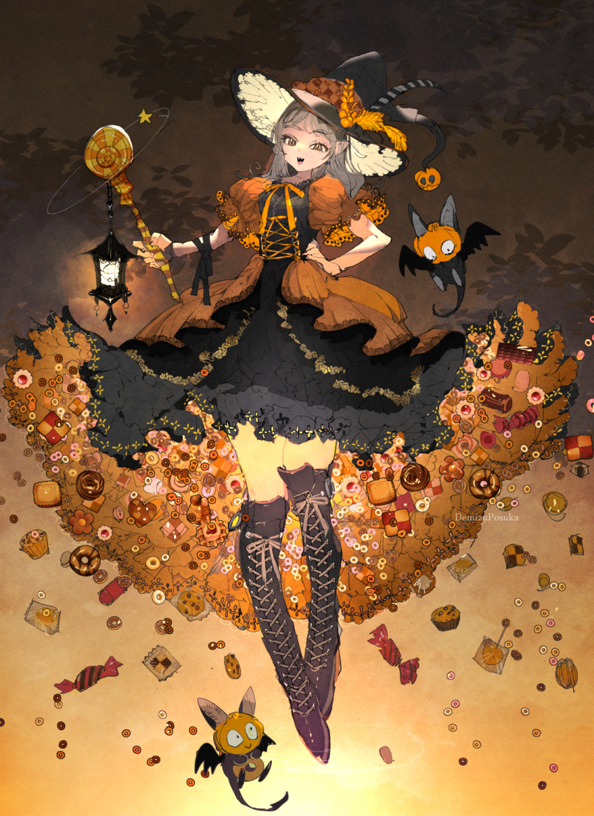 1girl animal black_dress boots cookie cross-laced_footwear demizu_posuka dress food grey_hair hat highres holding holding_wand kneehighs lace-up_boots lantern long_hair looking_at_viewer open_mouth orange_eyes original pointy_ears smile socks solo standing upper_body wand witch_hat