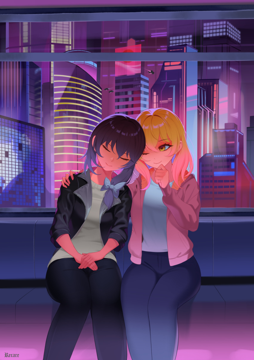 2girls alternate_costume artist_name black_hair black_jacket black_pants blonde_hair blue_pants bow city cityscape closed_eyes hair_bow hand_on_another's_shoulder hand_on_own_chin highres jacket leaning leaning_on_person leather leather_jacket long_sleeves maribel_hearn multiple_girls one_eye_closed open_clothes open_jacket pants pink_jacket recare shirt side_ponytail sitting sleeping sleeping_on_person smile touhou usami_renko white_bow white_shirt window yellow_eyes yuri