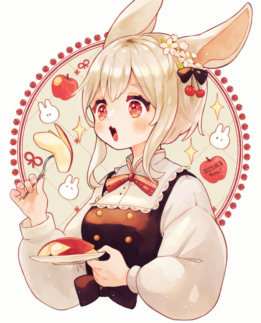 1girl animal_ears apple apple_bunny artist_name bangs blonde_hair blush_stickers bow bowtie buttons cherry_hair_ornament commentary cropped_torso dated double-breasted eating flower food food-themed_hair_ornament food_art fork from_side fruit hair_bow hair_flower hair_ornament highres holding holding_fork holding_plate long_sleeves open_mouth original plate puffy_long_sleeves puffy_sleeves rabbit_ears red_bow red_bowtie red_eyes short_hair sidelocks signature solo sparkle tabi_0v0 upper_body white_background white_flower