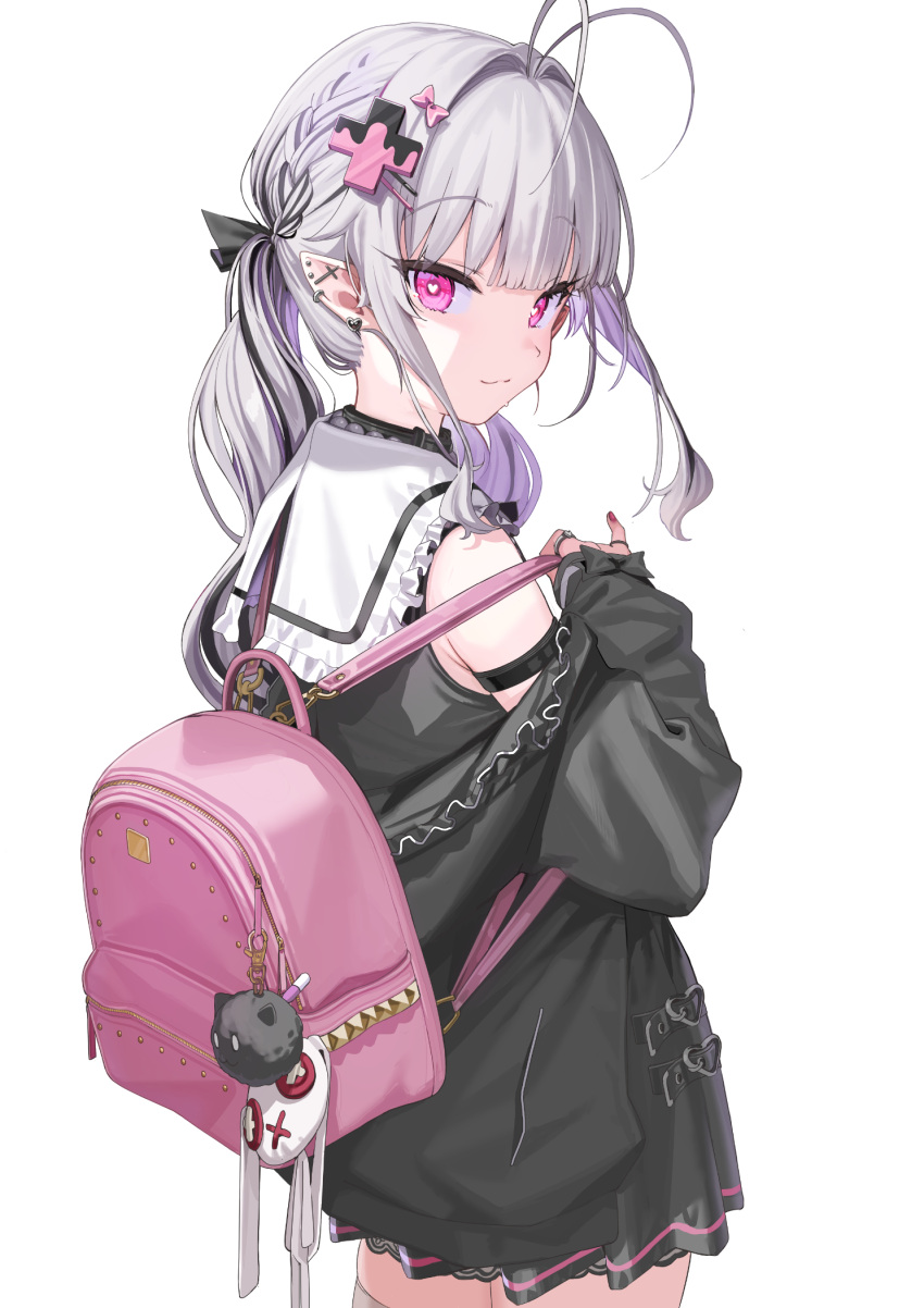 1girl antenna_hair backpack bag bangs bare_shoulders black_jacket braid breasts closed_mouth commentary_request dress frilled_sailor_collar frills from_behind grey_hair hair_intakes hair_ornament hairclip heart heart-shaped_pupils highres jacket kanzarin long_hair long_sleeves looking_at_viewer looking_back multicolored_hair off_shoulder open_clothes open_jacket original pink_eyes puffy_long_sleeves puffy_sleeves purple_hair sailor_collar sailor_dress shinomiya_kanna sleeveless sleeveless_dress sleeves_past_wrists small_breasts smile solo symbol-shaped_pupils twintails two-tone_hair white_dress white_sailor_collar