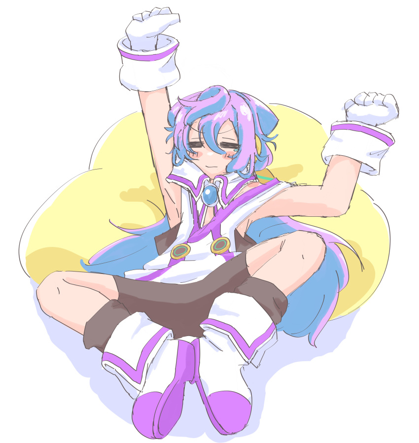 1boy =_= absurdres bean_bag bike_shorts blue_hair blush_stickers gloves hacka_doll hacka_doll_3 hanemiyananana highres long_hair otoko_no_ko purple_hair reclining solo stretching white_background