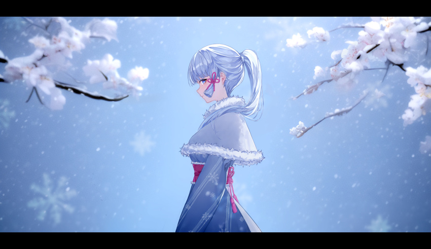 1girl bangs blue_eyes blue_hair blue_kimono blunt_bangs blush branch capelet closed_mouth commentary day eyelashes flower flower_knot fur-trimmed_capelet fur_trim genshin_impact hair_ornament hair_over_shoulder hair_ribbon high_ponytail highres japanese_clothes kamisato_ayaka kimono letterboxed long_hair long_sleeves looking_at_viewer mugiko_mz obi outdoors pink_ribbon pink_sash ponytail print_kimono profile ribbon sash sidelocks sideways_glance snowflake_print snowflakes snowing solo standing tassel white_capelet white_flower