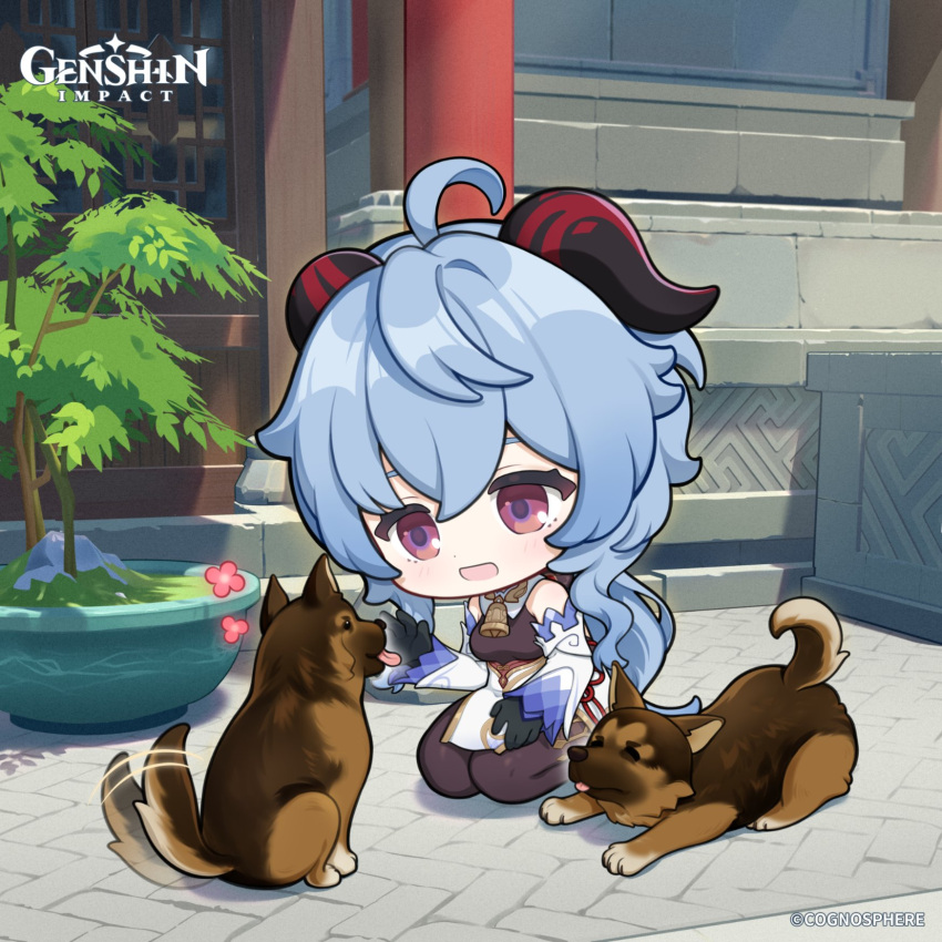 1girl ahoge bare_shoulders bell black_gloves blue_hair chibi copyright_name cowbell detached_sleeves dog dot_nose english_commentary ganyu_(genshin_impact) genshin_impact gloves goat_horns highres horns kneeling neck_bell official_art pantyhose shiny shiny_hair smile tail tail_wagging tongue tongue_out