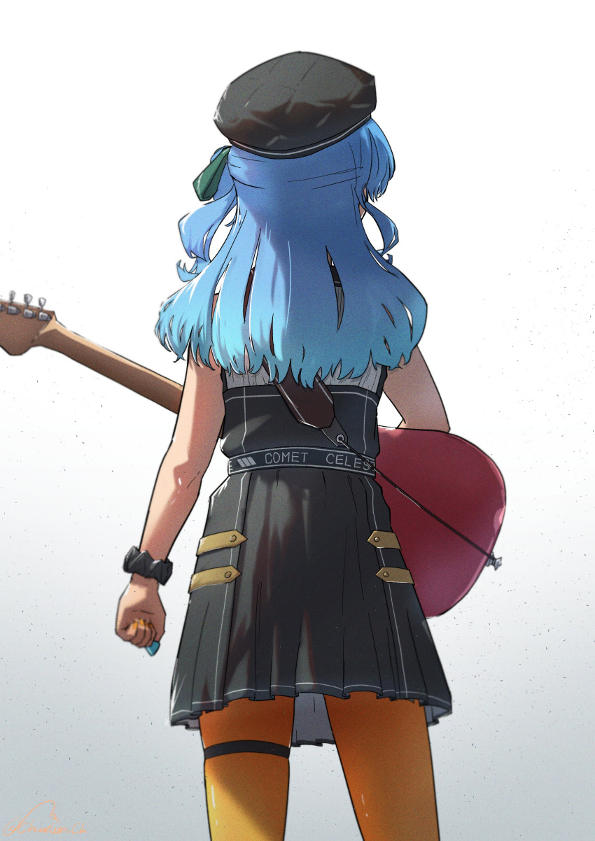 1girl absurdres black_dress black_headwear blue_hair chameleon_ch dress electric_guitar from_behind gradient gradient_background guitar hat highres hololive hololive_english instrument one_side_up orange_pantyhose pantyhose plectrum scrunchie solo wrist_scrunchie