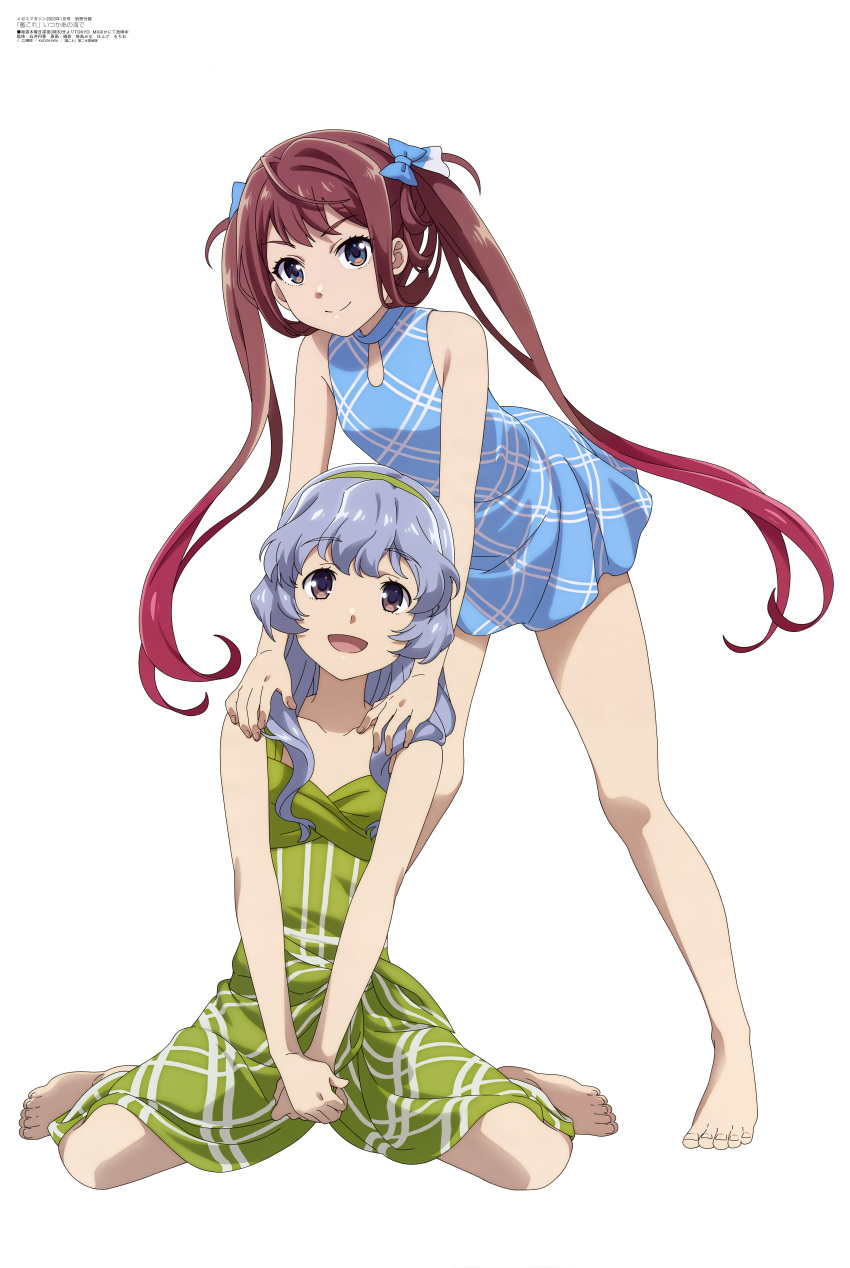 2girls absurdres asagumo_(kancolle) bangs barefoot blue_dress blue_eyes blue_hair bow brown_eyes brown_hair closed_mouth dress feet green_dress hair_bow hairband hand_on_another's_shoulder highres idolmaster idolmaster_cinderella_girls ishii_madoka kantai_collection long_hair megami_magazine multiple_girls official_art open_mouth scan sidelocks simple_background sitting smile standing toes twintails wariza white_background yamagumo_(kancolle)