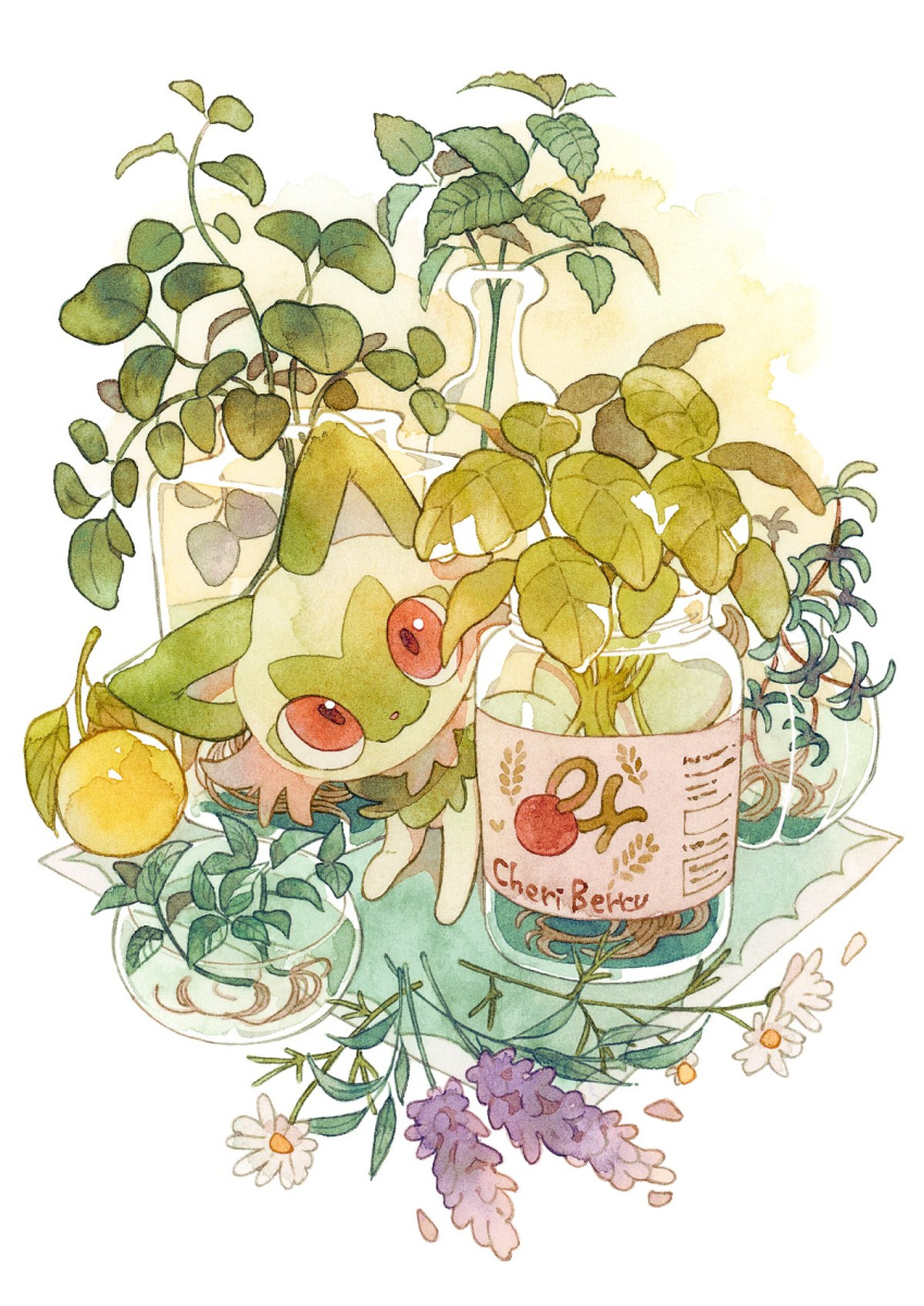 bowl flower food fruit highres jar leaf looking_at_viewer no_humans oharu-chan peeking_out pokemon pokemon_(creature) red_eyes solo sprigatito white_flower