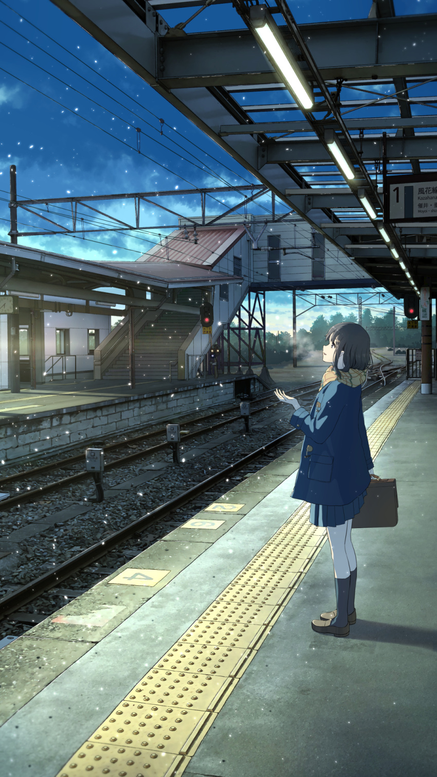 1girl anyotete bag black_hair highres jacket loafers original outdoors scarf scenery school_bag school_uniform shoes snowing solo train_station train_station_platform