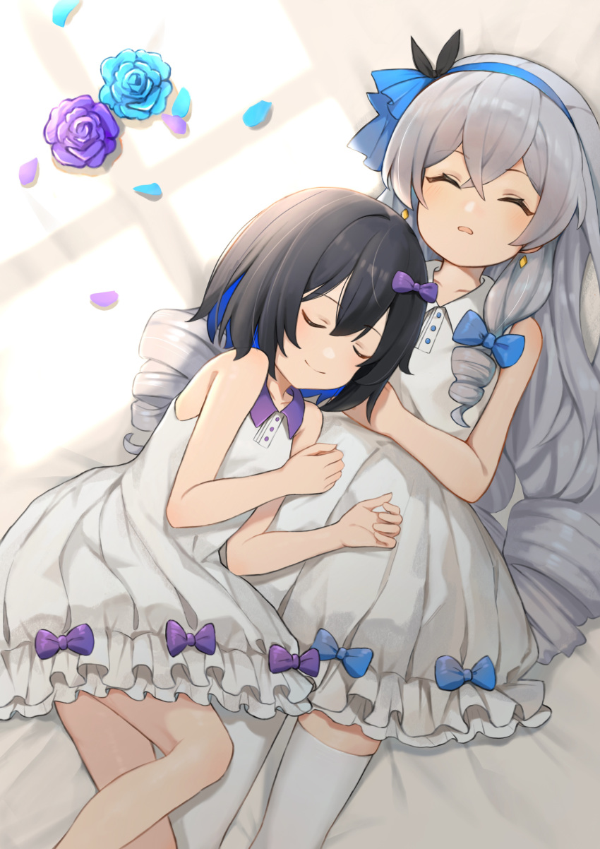 2girls absurdres ahoge bangs bed_sheet black_hair blue_flower blue_rose bow bronya_zaychik commentary_request cookieee dress drill_hair earrings flower frilled_dress frills from_above grey_hair hair_between_eyes hair_bow hair_ribbon hairband highres honkai_(series) honkai_impact_3rd jewelry long_hair lying multicolored_hair multiple_girls on_back on_side parted_lips petals purple_flower purple_rose ribbon rose seele_vollerei short_hair sidelocks sleeping sleeping_on_person sleeveless two-tone_hair white_dress