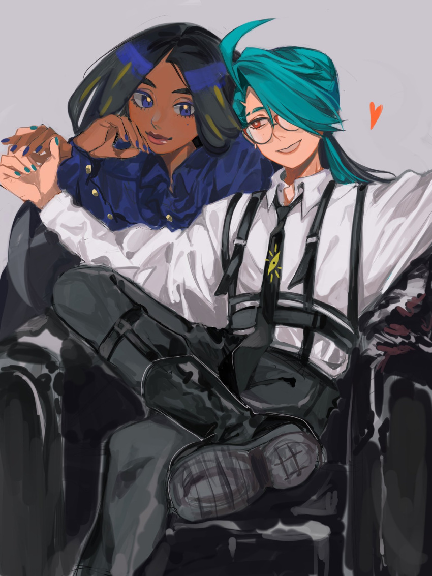 2girls ahoge androgynous black_hair black_necktie black_pants blue_eyes bright_pupils buttons collared_shirt crossed_legs dark-skinned_female dark_skin formal geeta_(pokemon) gloves green_hair grey_shirt hair_over_one_eye highres long_hair mei_(manjunii) multicolored_hair multiple_girls necktie pants pokemon pokemon_(game) pokemon_sv ponytail red_eyes rika_(pokemon) shirt sitting smile suspenders thick_eyebrows