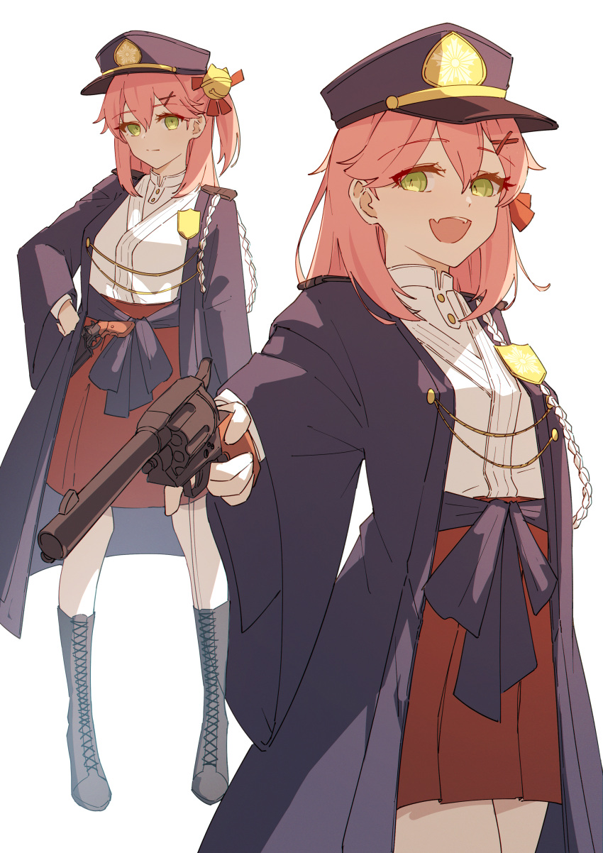 1girl absurdres bell closed_mouth green_eyes gun hair_ribbon hand_on_hip handgun hat highres holding holding_gun holding_weapon hololive japanese_clothes jingle_bell jl_tan open_mouth pink_hair pleated_skirt police police_badge police_uniform red_skirt revolver ribbon sakura_miko skirt smile solo standing teeth uniform upper_teeth virtual_youtuber weapon white_background