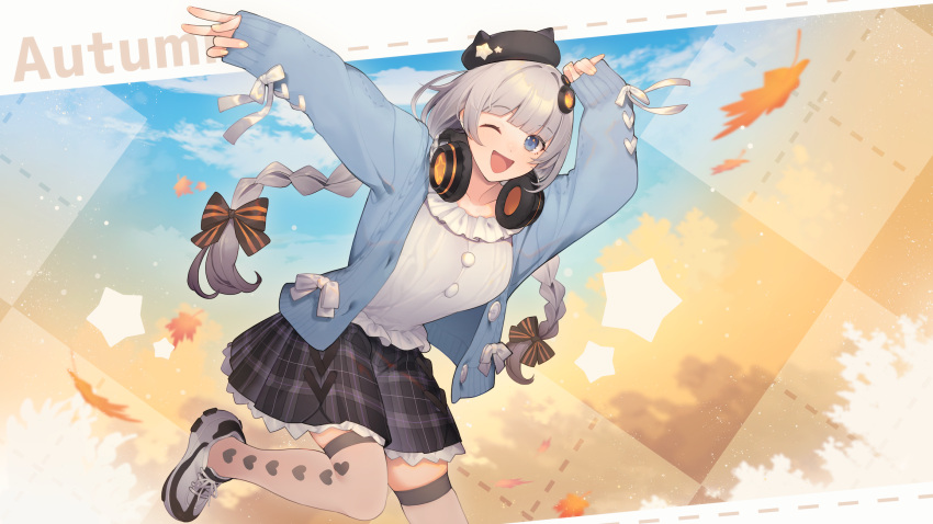 1girl alternate_costume autumn autumn_leaves bangs black_headwear blue_cardigan blue_eyes blush bow braid breasts cardigan clouds commentary_request grey_hair grey_thighhighs hair_bow hair_ornament hat headphones headphones_around_neck heart highres kizuna_akari large_breasts leaf long_hair long_sleeves looking_at_viewer nail_polish one_eye_closed open_mouth plaid plaid_skirt shirinda_fureiru shoes skirt sleeves_past_wrists sneakers solo star_(symbol) thigh-highs twin_braids v very_long_hair voiceroid white_footwear yellow_nails