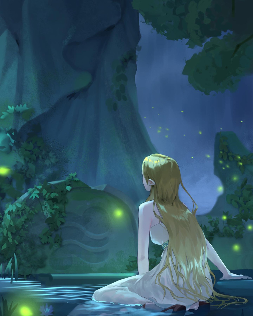 1girl bare_arms bare_shoulders blonde_hair breasts dress facing_away giant_tree highres kneeling long_dress long_hair medium_breasts outdoors phina_(jinahou) plant pointy_ears princess_zelda soaking_hands solo strapless strapless_dress the_legend_of_zelda the_legend_of_zelda:_breath_of_the_wild tree wet wet_clothes wet_hair white_dress