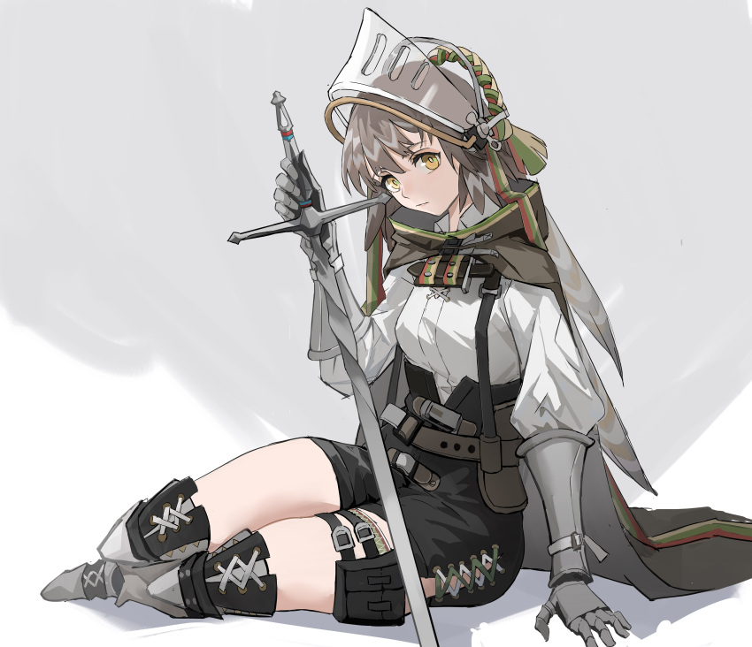 1girl absurdres arknights armored_boots black_cape black_shorts boots bra breasts brown_hair cape fartooth_(arknights) feather_hair gauntlets grey_bra high-waist_shorts highres long_hair looking_at_viewer shirt shirt_tucked_in shorts simple_background small_breasts solo sword thighs underwear visor_(armor) visor_lift weapon white_shirt xiaomai_yorik yellow_eyes