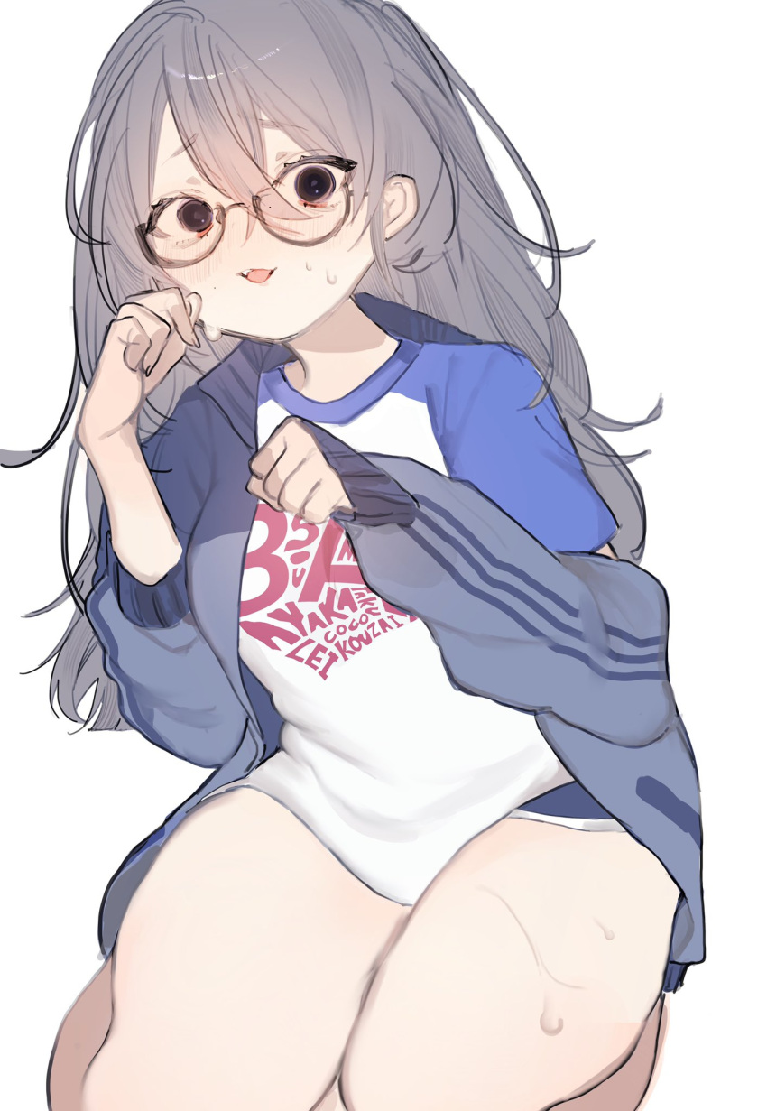 1girl :3 black-framed_eyewear black_hair breasts brown_eyes fang glasses highres jacket long_hair medium_breasts o_noshi_o original shirt short_sleeves siblings simple_background sisters sleeves_past_wrists sweat t-shirt thighs track_jacket white_background