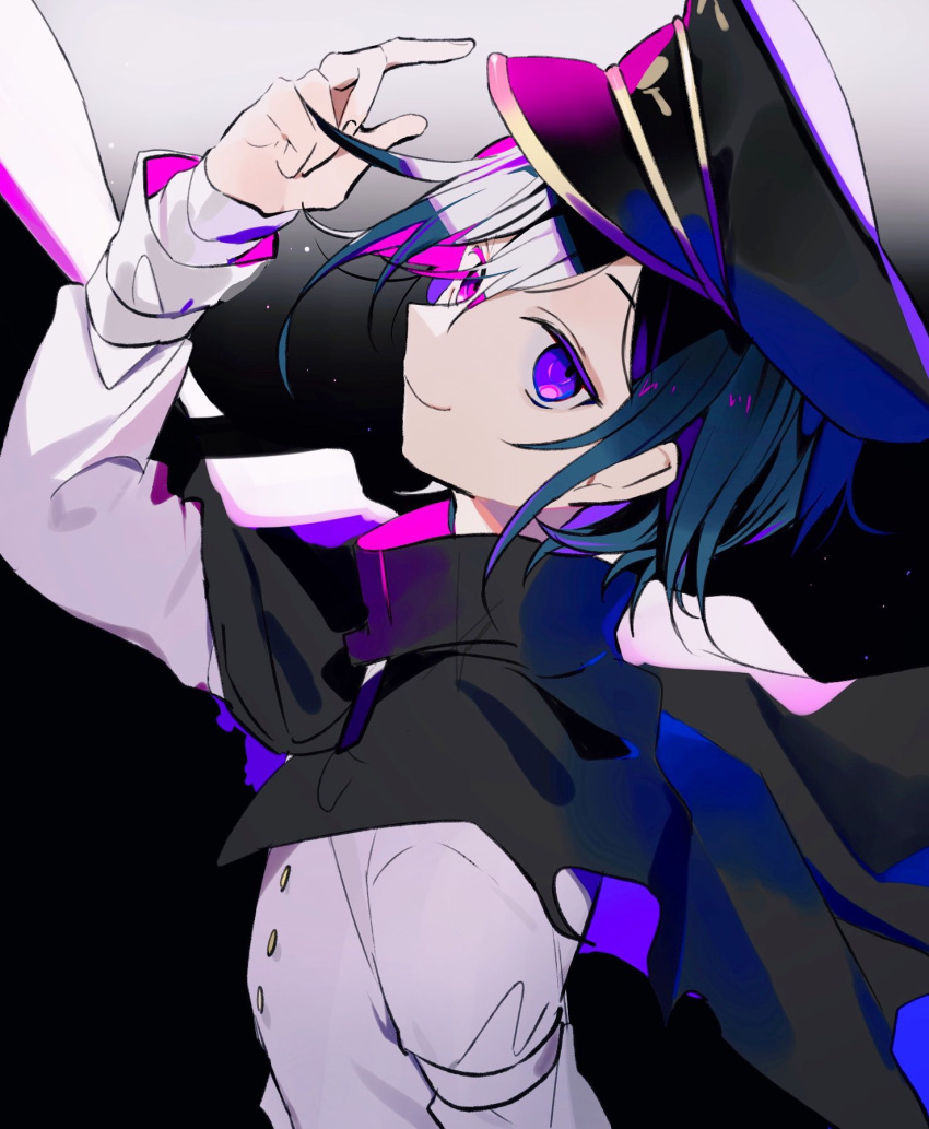 1boy arm_up bangs black_background black_cape black_hair black_headwear blue_hair buttons cape closed_mouth danganronpa_(series) danganronpa_v3:_killing_harmony from_side gradient gradient_background grey_background grey_jacket hat highres huyuharu0214 jacket looking_at_viewer multicolored_hair ouma_kokichi peaked_cap pink_hair smile solo torn_cape torn_clothes violet_eyes