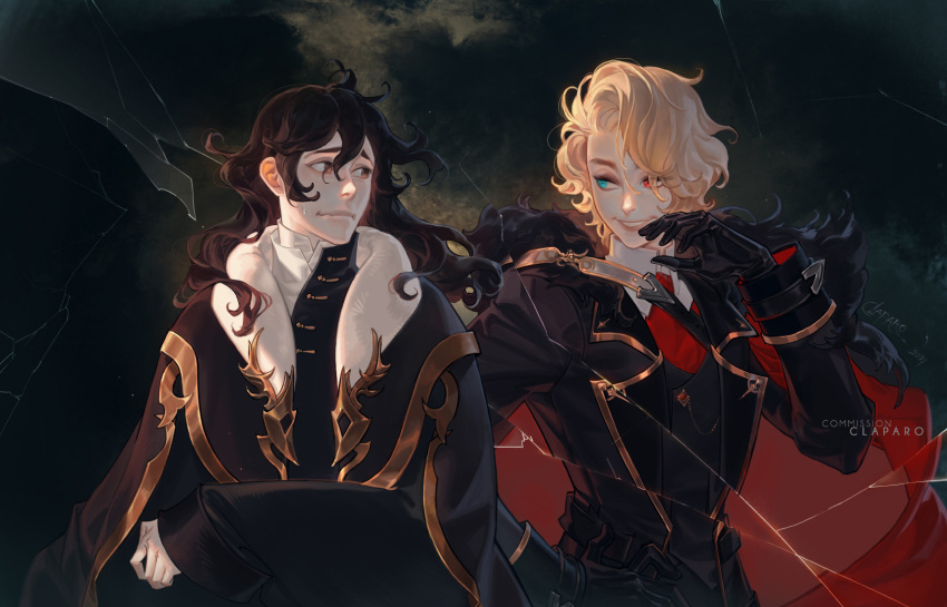 2boys artist_name black_hair blonde_hair blue_eyes brown_eyes brown_hair cape claparo clip_studio_paint_(medium) commission cracked_screen dark_background dated english_commentary fur_trim grin heterochromia highres long_hair long_sleeves looking_at_another looking_to_the_side male_focus military military_uniform multiple_boys nervous_smile original photoshop_(medium) red_eyes short_hair smile sweatdrop uniform upper_body