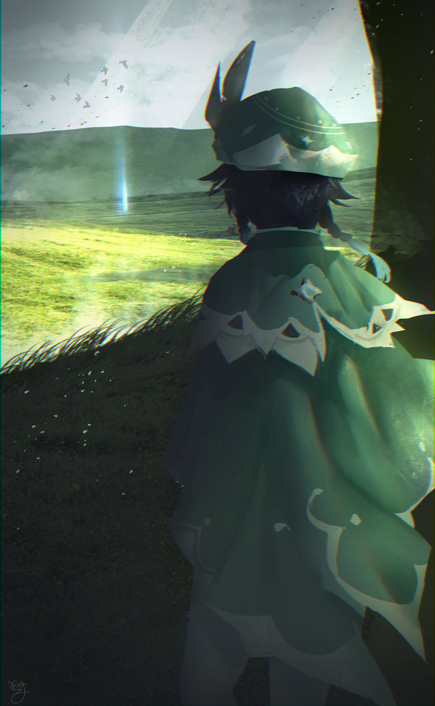 1boy absurdres aqua_hair bird black_hair braid cape clouds cloudy_sky commentary from_behind genshin_impact grass green_cape green_headwear hat highres kitsunekotori male_focus multicolored_hair outdoors signature sky solo standing symbol-only_commentary twin_braids venti_(genshin_impact)