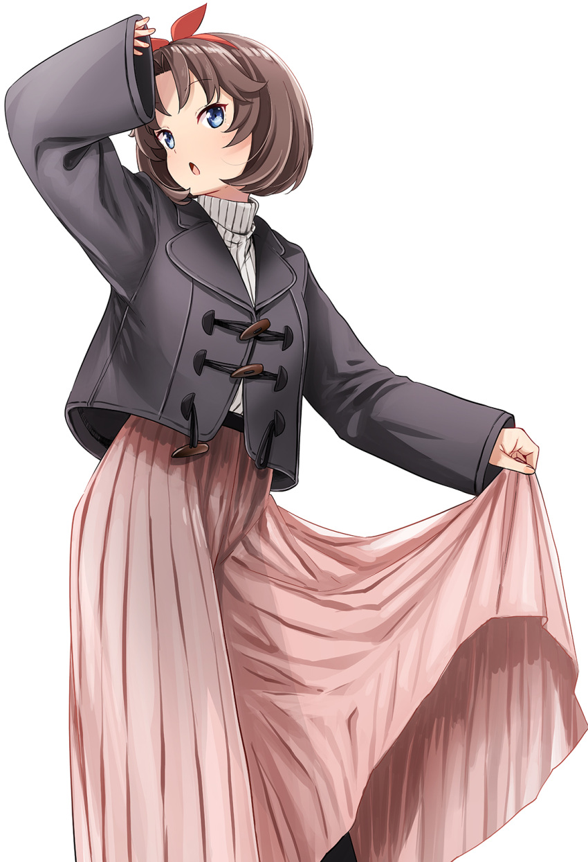 1girl abe_kanari alternate_costume blue_eyes bob_cut brown_hair commentary_request feet_out_of_frame grey_jacket high_school_fleet highres hirota_sora jacket looking_at_viewer pink_skirt red_ribbon ribbon short_hair simple_background skirt skirt_hold solo white_background