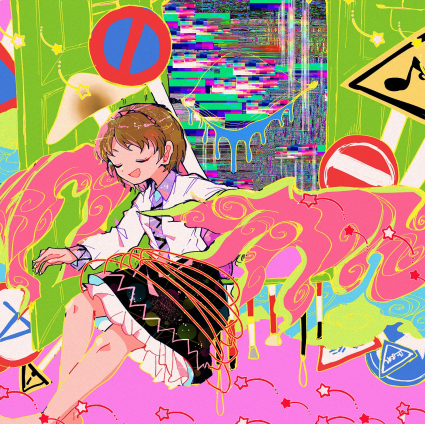 1girl :d abstract bare_legs black_skirt brown_hair closed_eyes clouds commentary_request door floating hairband highres itomugi-kun long_sleeves open_door open_mouth purple_hairband road_sign shirt short_hair sign skirt smile solo star_(symbol) touhou tsukumo_yatsuhashi white_shirt