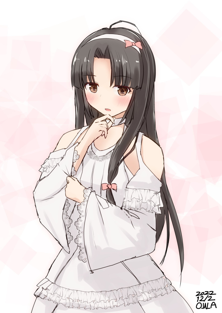 1girl alternate_costume artist_name black_hair blush brown_eyes choker cowboy_shot dated dress frilled_dress frills hairband highres kantai_collection long_hair long_sleeves low-tied_long_hair open_mouth owa_(ishtail) pink_background shouhou_(kancolle) solo white_choker wide_sleeves