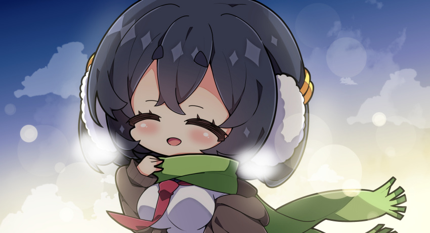 1girl :d ^_^ bangs black_hair blue_sailor_collar blue_sky breasts breath brown_cardigan cardigan chibi closed_eyes clouds commentary_request day earmuffs facing_viewer fringe_trim green_scarf highres kyoumachi_seika large_breasts milkpanda open_cardigan open_clothes outdoors sailor_collar scarf school_uniform serafuku shirt short_eyebrows sky smile solo thick_eyebrows upper_body voiceroid white_shirt