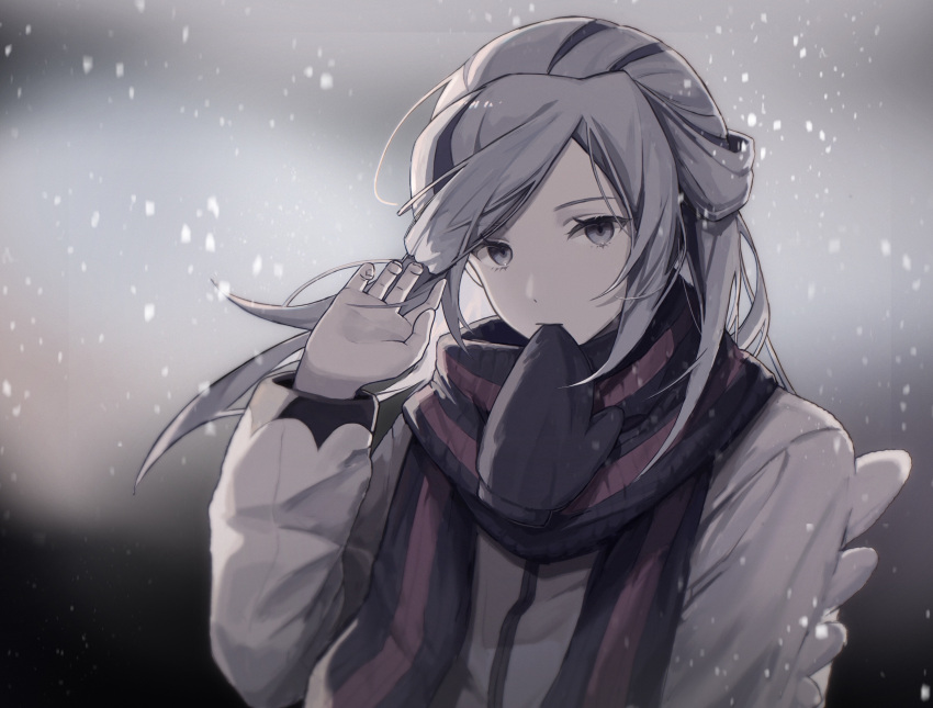 1boy absurdres bangs commentary eyelashes grey_eyes grey_hair grusha_(pokemon) hand_up highres jacket long_hair long_sleeves looking_at_viewer male_focus mittens mouth_hold pokemon pokemon_(game) pokemon_sv rcs_4 scarf snowing solo symbol-only_commentary upper_body