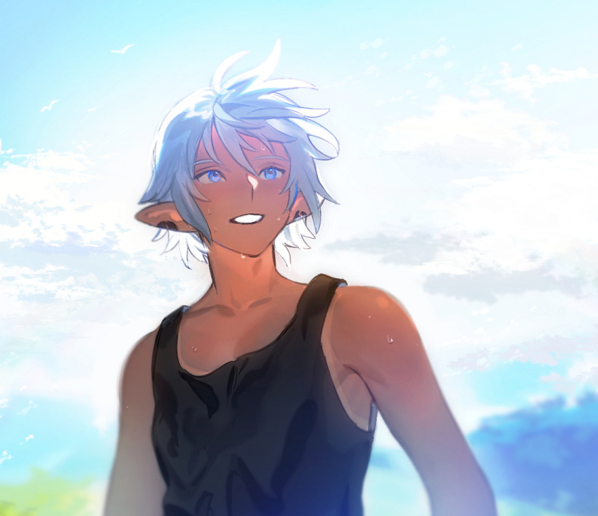 1boy aged_down alternate_costume bangs bare_shoulders black_tank_top blue_hair blue_sky blurry blurry_background child chinese_commentary clouds collarbone commentary_request day earclip elezen elf final_fantasy final_fantasy_xiv floating_hair grin haurchefant_greystone looking_afar looking_up male_child male_focus outdoors pointy_ears short_hair sky smile solo sweat tank_top upper_body wind wuliu_heihuo