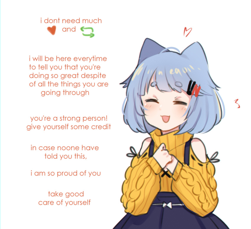 :d ^^^ absurdres animal_ears bangs blue_hair blush bob_cut bow cable_knit cat_ears closed_eyes clothing_cutout commentary english_text facing_viewer hair_ornament hairclip heart highres hikimayu like_and_retweet neqo_(character) neqo_(neneneqo) open_mouth original ribbed_sweater short_eyebrows short_hair shoulder_cutout simple_background skirt skirt_bow sleeves_past_wrists smile suspender_skirt suspenders sweater symbol-only_commentary text_focus thick_eyebrows turtleneck turtleneck_sweater upper_body white_background white_bow yellow_sweater