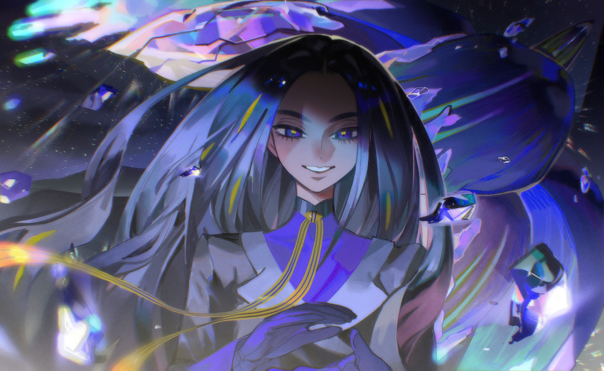 1girl black_hair blue_eyes blurry bright_pupils clapping commentary_request dark-skinned_female dark_skin eyelashes forehead geeta_(pokemon) gloves jacket kayamaabc long_hair long_sleeves neck_ribbon pokemon pokemon_(game) pokemon_sv purple_shirt ribbon shirt smile solo upper_body yellow_ribbon