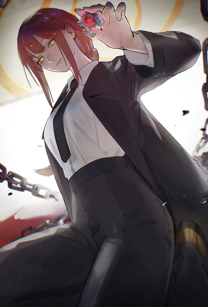 1girl black_coat black_necktie black_pants blood braid braided_ponytail breasts chain chainsaw_man closed_mouth coat collared_shirt formal highres holding kayamaabc long_coat long_hair long_sleeves looking_at_viewer makima_(chainsaw_man) medium_breasts necktie pants redhead ringed_eyes shirt sitting smile solo suit white_shirt yellow_eyes