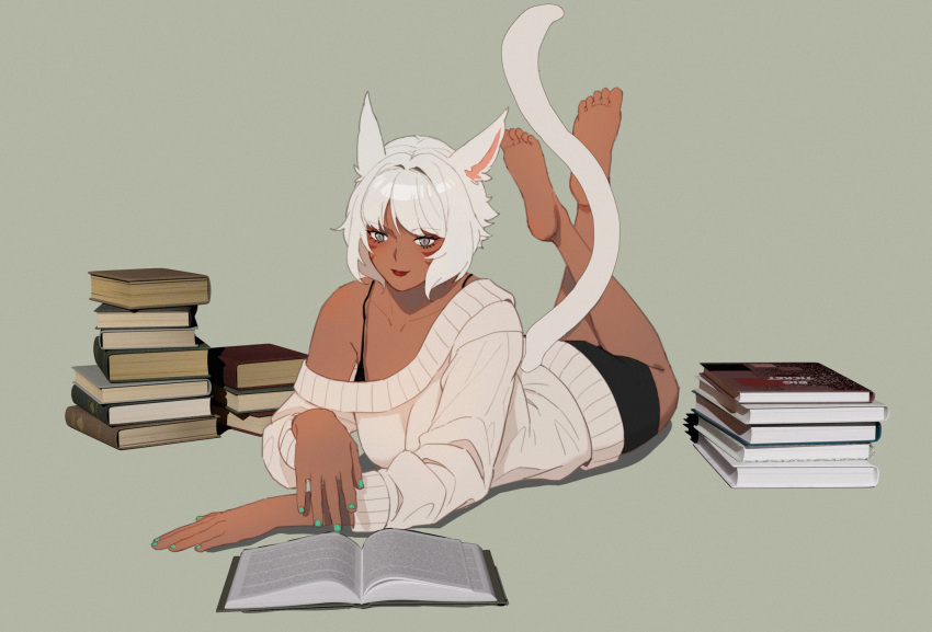 1girl animal_ears bangs barefoot book book_stack casual cat_ears cat_tail facial_mark final_fantasy final_fantasy_xiv green_background grey_eyes highres lying lyra-kotto miqo'te on_stomach open_book short_hair solo sweater tail whisker_markings white_hair y'shtola_rhul