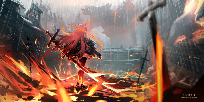 1girl absurdres arknights artist_name black_footwear black_jacket black_thighhighs building character_name demon_girl demon_horns facing_away floating_hair from_behind highres holding holding_sword holding_weapon horns jacket lemtun long_hair molten_rock monster off_shoulder planted planted_sword rain redhead scenery shoes surtr_(arknights) sword thigh-highs very_long_hair weapon