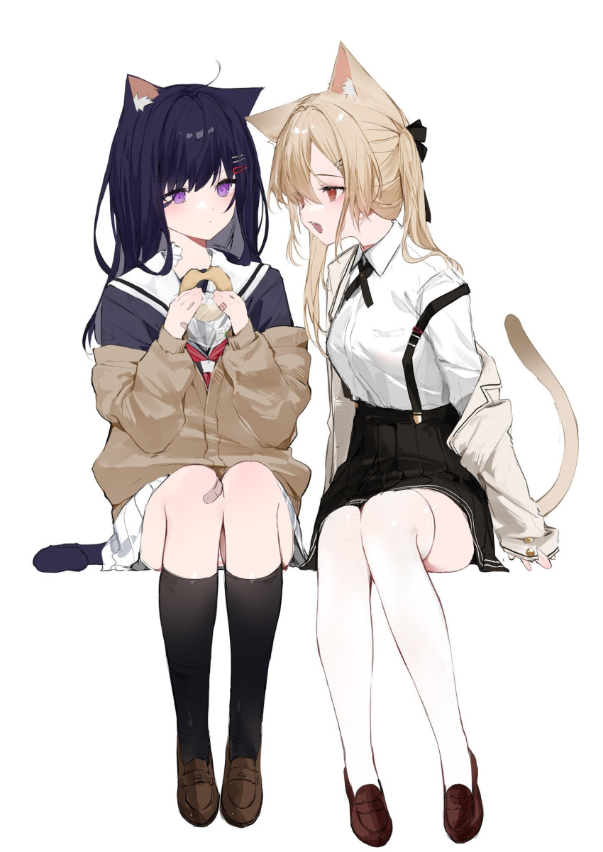 2girls animal_ear_fluff animal_ears bangs black_shirt black_skirt black_socks blush bow brown_cardigan brown_footwear brown_hair cardigan cat_ears cat_girl cat_tail closed_mouth collared_shirt commentary doughnut dress_shirt food hair_between_eyes hair_ornament hairclip highres holding holding_food loafers long_hair long_sleeves multiple_girls off_shoulder open_mouth original pleated_skirt puffy_long_sleeves puffy_sleeves purple_hair red_bow sailor_collar shirt shoes simple_background sitting skirt sleeves_past_wrists socks suashi suspender_skirt suspenders suspenders_slip tail tail_bow tail_ornament thigh-highs violet_eyes white_background white_sailor_collar white_shirt white_skirt white_thighhighs