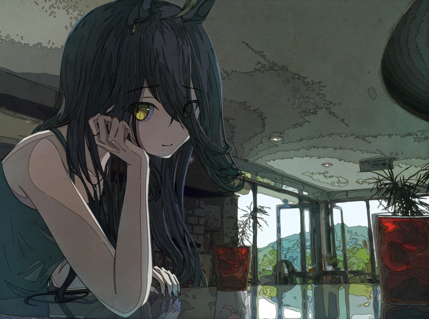 1girl ahoge animal_ears bangs bare_arms bare_shoulders black_hair ci4 closed_mouth commentary_request door earrings flower_pot hair_between_eyes hair_over_eyes hand_on_own_cheek hand_on_own_face hand_on_table hand_up head_rest highres horse_ears horse_girl indoors jewelry long_bangs long_hair looking_at_viewer manhattan_cafe_(umamusume) pink_nails plant potted_plant reflection scenery shirt single_earring sleeveless solo table umamusume upper_body yellow_eyes