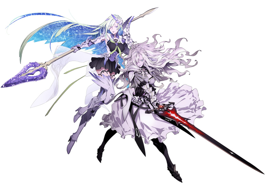 2girls absurdres armor armored_dress brynhildr_(fate) fate/grand_order fate/prototype fate/prototype:_fragments_of_blue_and_silver fate_(series) full_body highres holding holding_polearm holding_sword holding_weapon kriemhild_(fate) long_hair miwa_shirow multiple_girls pleated_skirt polearm simple_background skirt sword thigh-highs weapon white_background