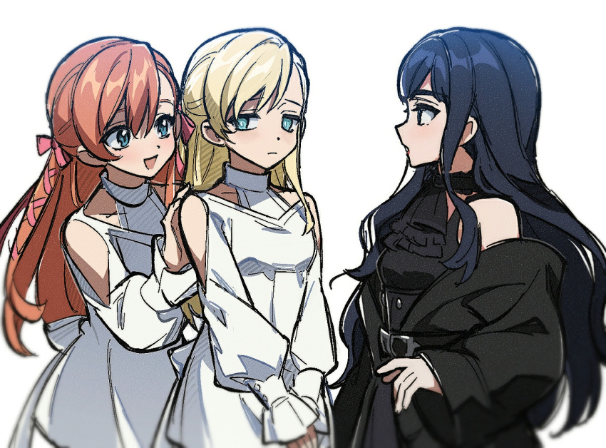 3girls :d ascot bare_shoulders black_ascot black_choker black_hair blonde_hair blue_eyes choker clothing_cutout collarbone dress dual_persona eye_contact final_fantasy final_fantasy_xiv frilled_choker frills from_side frown gaia_(ff14) hair_between_eyes hair_ribbon halter_dress halterneck hand_on_another's_shoulder hyur long_hair long_sleeves looking_at_another looking_away multiple_girls off_shoulder open_mouth orange_hair own_hands_together ribbon ryne shoulder_cutout sidelocks simple_background smile standing straight_hair upper_body v_arms wavy_hair white_background white_dress wide_sleeves wuliu_heihuo