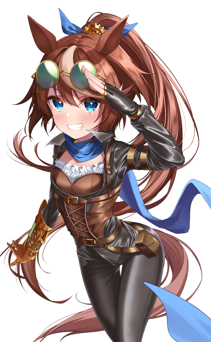 1girl absurdres animal_ears black_gloves black_pants blue_bow blue_eyes blue_scarf blush bow brown_hair eyewear_on_head fingerless_gloves glasses gloves hair_bow high_ponytail highres horse_ears horse_girl horse_tail long_hair looking_at_viewer multicolored_hair official_alternate_costume pants ponytail saio425 salute scarf simple_background smile solo steampunk streaked_hair tail tokai_teio_(teio-oh-oh!!!)_(umamusume) tokai_teio_(umamusume) two-tone_hair umamusume white_background white_hair wings_of_iron:_hazy_tales_(umamusume)