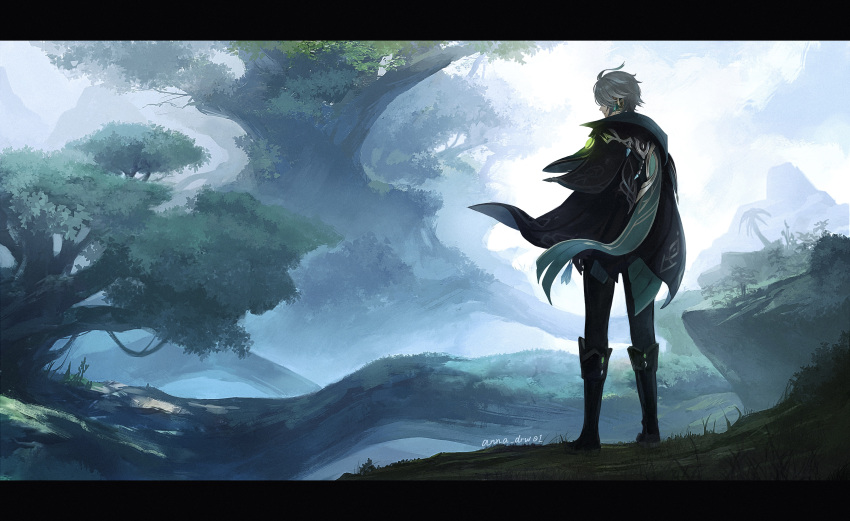 1boy absurdres ahoge alhaitham_(genshin_impact) anna_(drw01) artist_name bangs black_cape black_footwear black_pants boots cape closed_mouth clouds commentary_request day facing_away forest full_body genshin_impact giant_tree glowing gold_trim grass green_cape grey_hair highres letterboxed male_focus mountain nature outdoors pants plant scenery short_hair sidelocks signature sky solo standing swept_bangs tree vision_(genshin_impact)