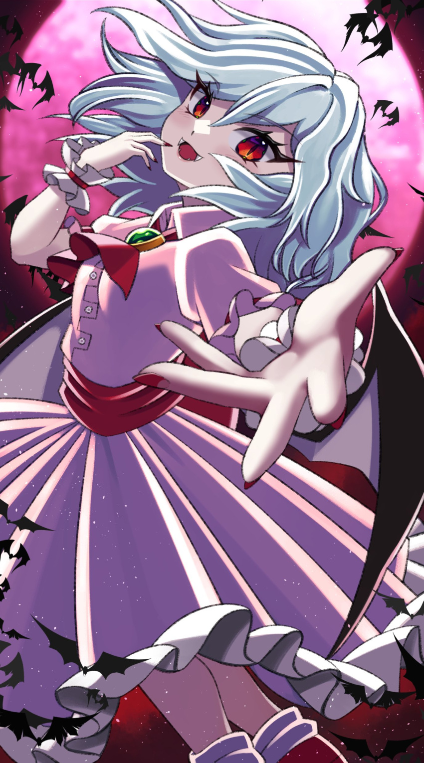 1girl :d absurdres ascot bat_(animal) bat_wings blue_hair doku_yanagi dress fangs fingernails full_moon highres light_blue_hair long_fingernails looking_at_viewer moon open_mouth outdoors pink_dress red_ascot red_eyes red_nails remilia_scarlet short_hair short_sleeves smile solo touhou wings wrist_cuffs