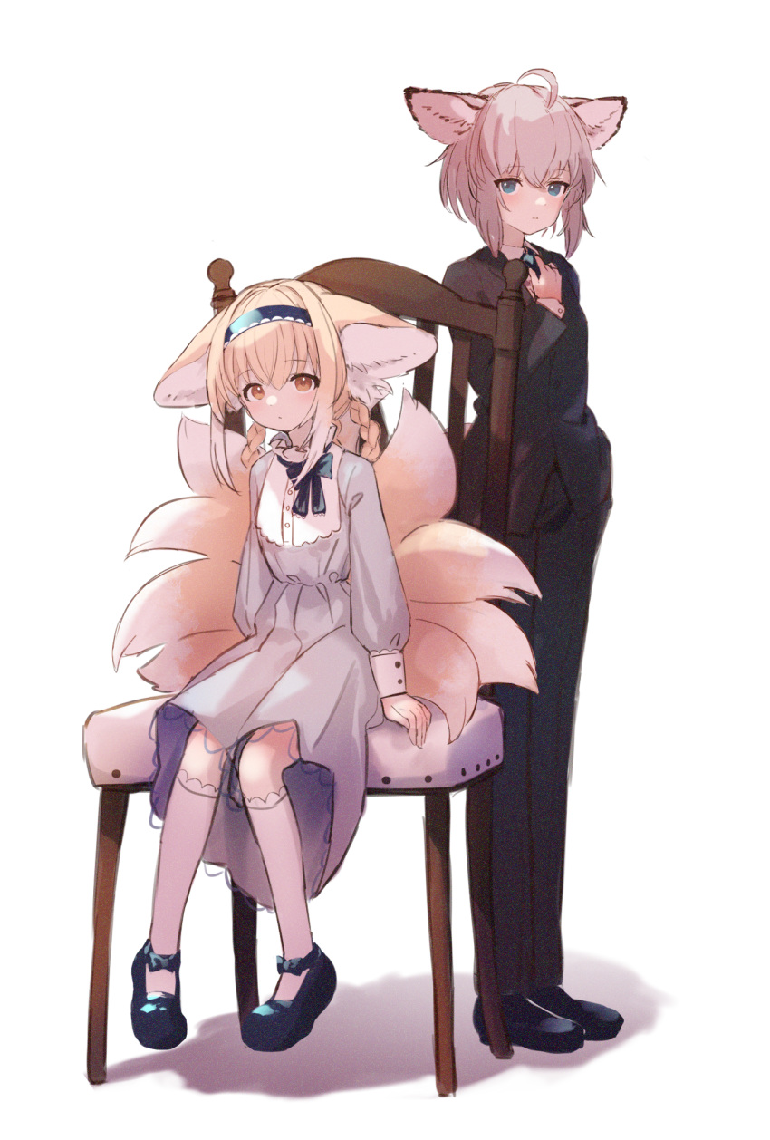 2girls adjusting_clothes adjusting_necktie ahoge animal_ears arknights arm_support black_footwear black_pants black_suit blonde_hair blue_eyes blue_footwear blue_hairband blush braid chair closed_mouth commentary cy_fros dress expressionless formal fox_ears fox_tail full_body grey_dress hairband hand_up highres loafers looking_at_viewer multiple_girls multiple_tails necktie on_chair pants pink_hair shoes sitting socks suit sussurro_(arknights) suzuran_(arknights) tail white_socks yellow_eyes