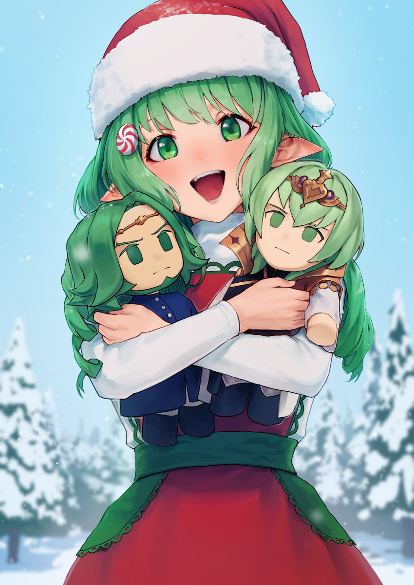 1girl :d absurdres alaskastomatoez alternate_costume byleth_(fire_emblem) byleth_eisner_(male) candy_hair_ornament character_doll christmas cute doll dress drill_hair enlightened_byleth_(male) fire_emblem fire_emblem:_three_houses fire_emblem_heroes fire_emblem_warriors:_three_hopes flayn_(fire_emblem) food-themed_hair_ornament goddess green_eyes green_hair hair_ornament hat highres holding holding_doll intelligent_systems loli long_hair looking_at_viewer nintendo open_mouth peppermint pointy_ears red_dress santa_costume santa_hat seteth_(fire_emblem) smile snow solo super_smash_bros. teeth twin_drills