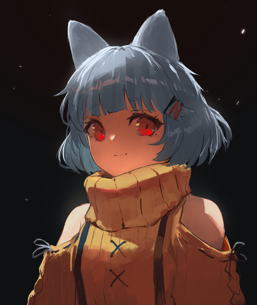 1girl absurdres animal_ears bangs bare_shoulders black_background blue_hair blunt_bangs bob_cut borrowed_character cat_ears close-up closed_mouth clothing_cutout commentary dark_background hair_ornament hairclip highres hikimayu light_smile looking_at_viewer neqo_(character) original portrait red_eyes ribbed_sweater shaded_face short_eyebrows short_hair shoulder_cutout simple_background skirt solo suspender_skirt suspenders sweater symbol-only_commentary thick_eyebrows turtleneck turtleneck_sweater upper_body vertigris yellow_sweater
