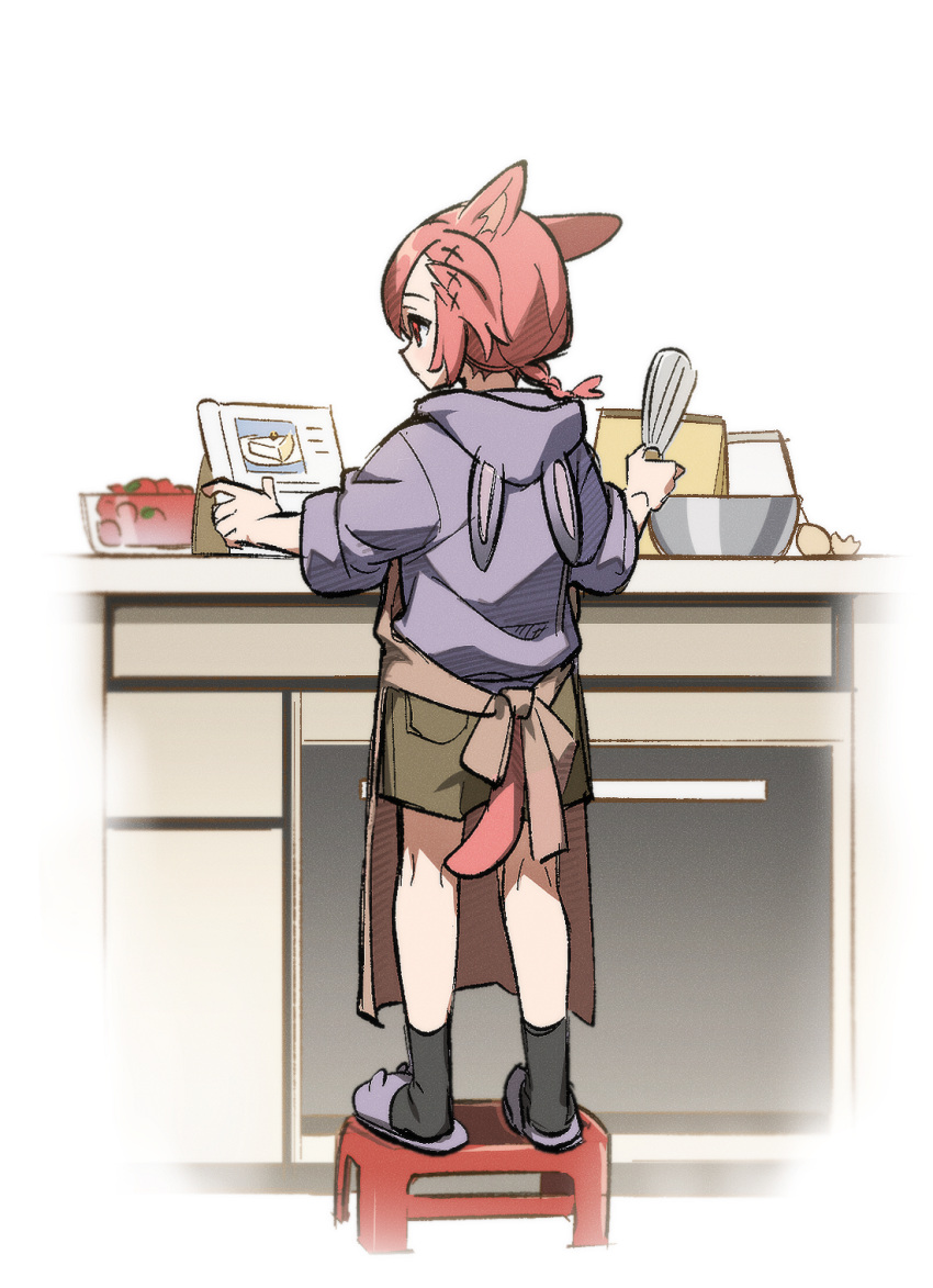 1boy aged_down alternate_costume animal_ears animal_hood animal_slippers apron baking bangs batter black_socks bowl braid braided_ponytail brown_apron brown_shorts bunny_slippers cat_boy cat_ears cat_tail child chinese_commentary commentary_request eggshell expressionless final_fantasy final_fantasy_xiv from_behind full_body g'raha_tia hair_ornament highres holding hood hood_down hoodie indoors kitchen low_ponytail male_child male_focus miqo'te purple_hoodie rabbit_hood red_eyes redhead short_hair short_ponytail shorts single_braid slippers socks solo standing stool tail wuliu_heihuo x_hair_ornament